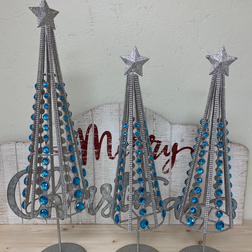 New Set  3 Graduated Glittered Jeweled Trees-Blue
